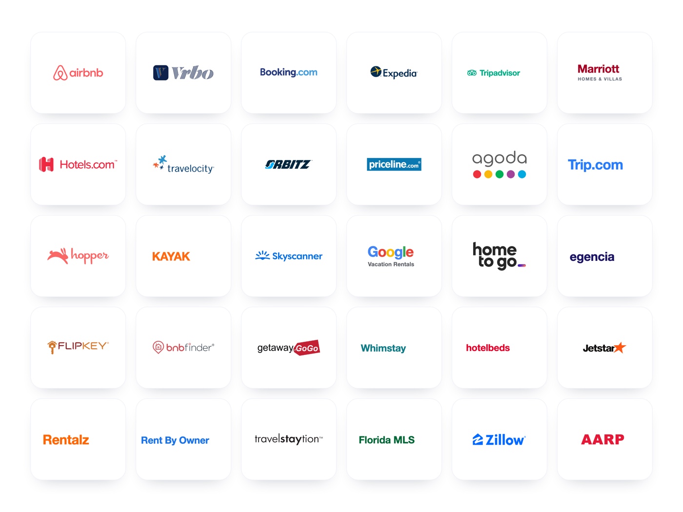 Grid of the booking platforms we list every property on, including Airbnb, Vrbo, Booking.com and Expedia