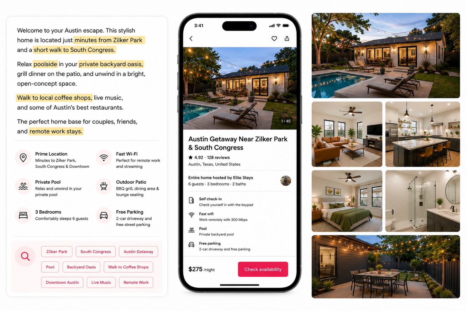 An optimized listing: keyword-rich description, amenity highlights, and a full set of professional photos