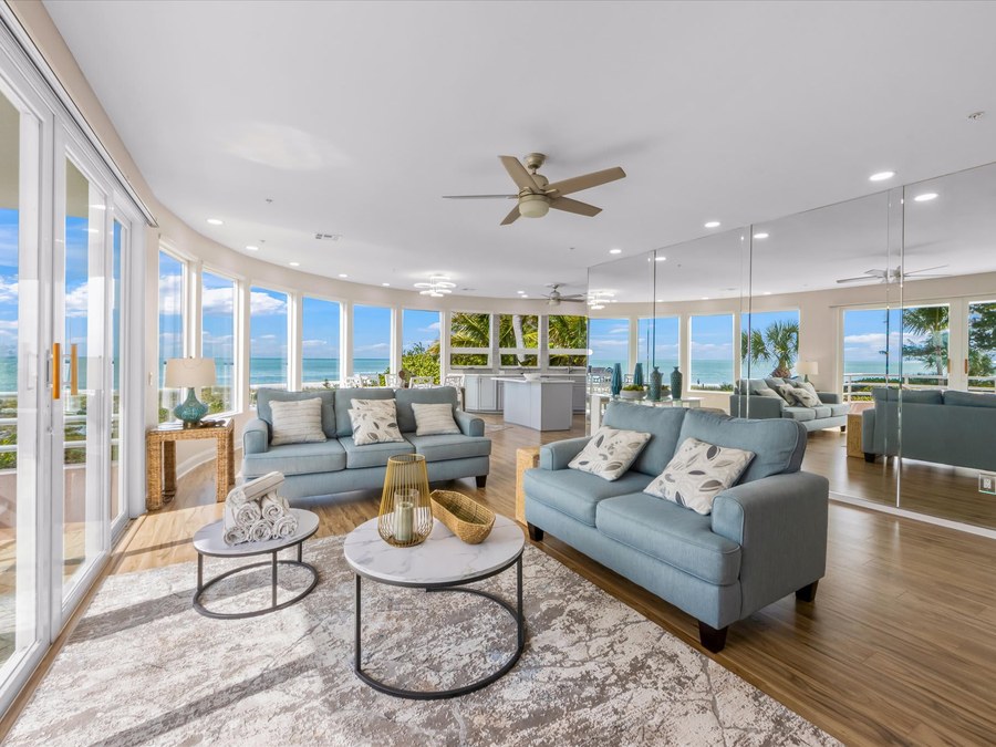 Bright living room with Gulf views in a Florida vacation rental